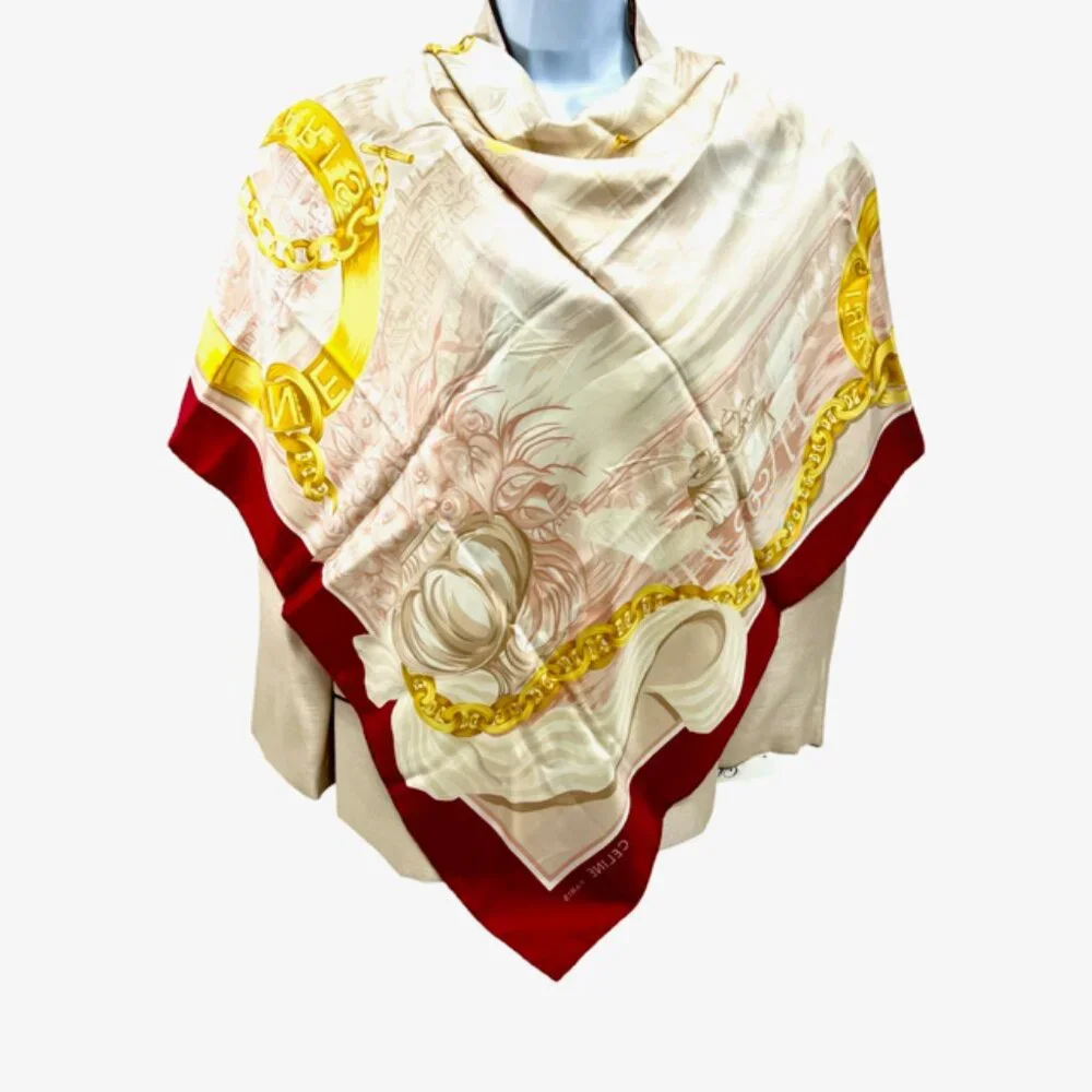 Vintage Celine Paris 100% Silk Scarf Satin 34" Red beich peach pink gold  (35) - Picture 3 of 16